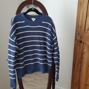 a.n.a Navy and Ivory Striped Crewneck Sweater